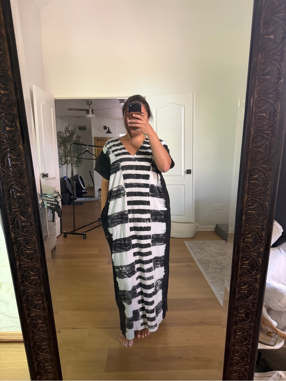 Black & White V-Neck Kaftan Dress Flowy 100% Cotton with Pockets Size Lg Womens